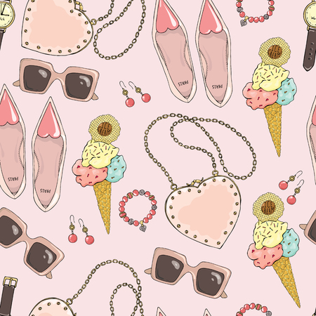 Pattern of women accessories and ice cream on a pink background.のイラスト素材