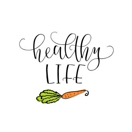 Vector hand lettering Healthy life. With the image of the carrot. icon for restaurant, food market, farm shop etc.のイラスト素材