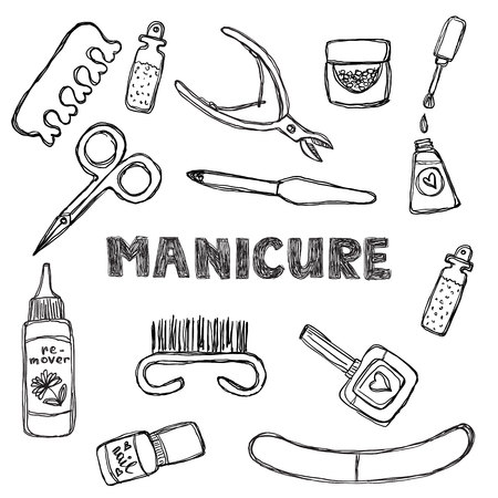 Manicure and pedicure doodle set. Isolated on a white background. Grunge line.のイラスト素材