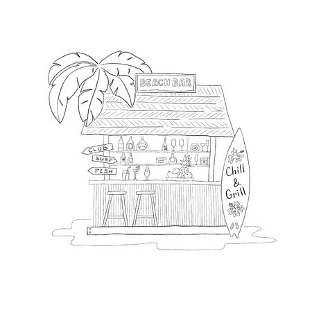 Wooden beach bar with palm tree. With cocktails and surf Board.のイラスト素材