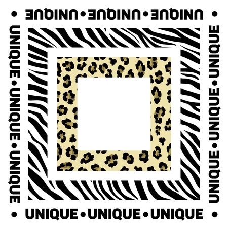 Design for a square shawl or headscarf. Zebra and leopard print with slogan Unique on white background.のイラスト素材