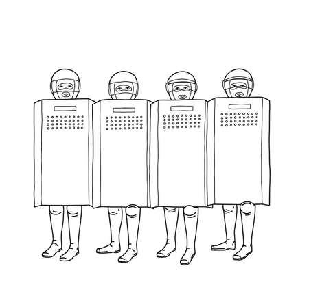 Male soldiers in helmets with shields. Dispersal of mass riots.のイラスト素材