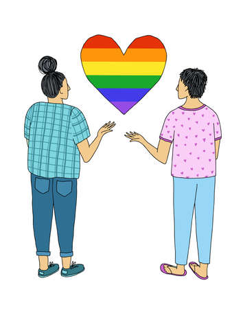 A pair of young people with their hands raised to their hearts in the colors of the LGBT flag.のイラスト素材