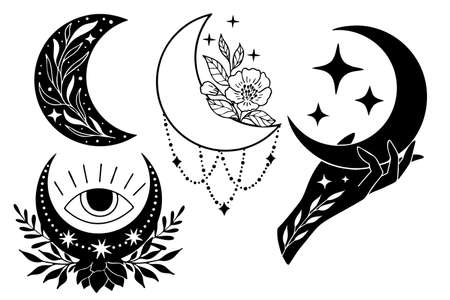 Set of magic black moons with stars and flowers on white background.のイラスト素材