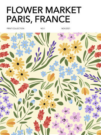 Flower market poster with meadow flowers. Printable wall art. Vector illustration.のイラスト素材