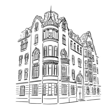 An old building drawn in perspective. Linear illustration.のイラスト素材