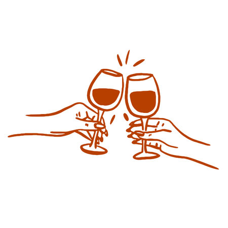 A minimalist hand-drawn illustration of two hands clinking wine glasses in a celebratory toast. Line art.のイラスト素材