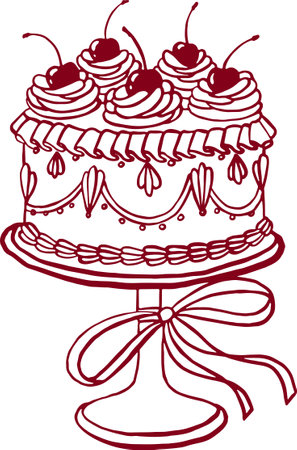 Hand drawn vintage cherry cake. Retro line art.のイラスト素材