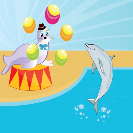 seal and dolphin show at the circus baby beautiful illustrationのイラスト素材