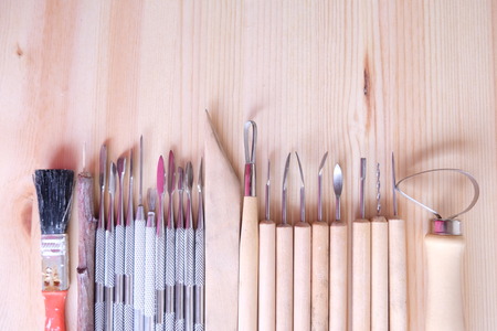 ceramic tools wood backgroundの写真素材
