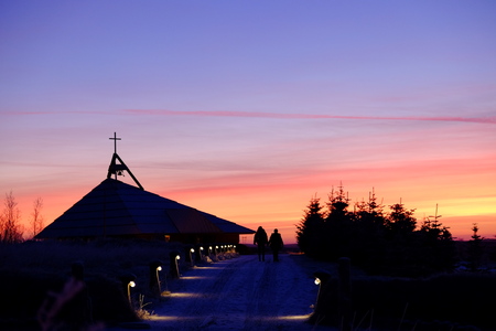 sunset with beautiful churchの写真素材