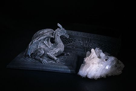 The casket on which cover lies a dragon and before a casket crystals for predictions lie.の写真素材