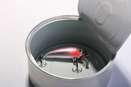 Open can with the spoon hook for fishing.の写真素材