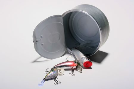 Open can with the spoons hook for fishing.の写真素材