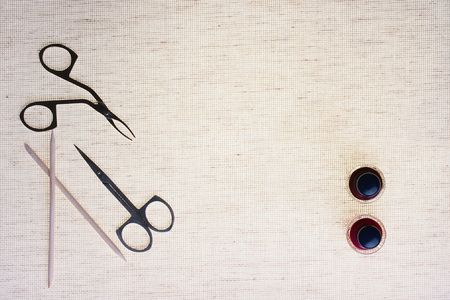 Set for manicure against from a grey fabric.の写真素材