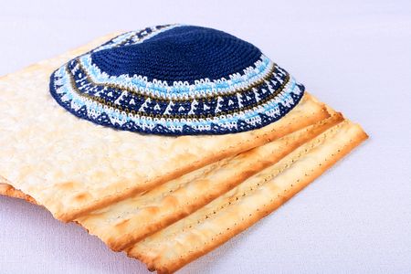 The Jewish theme, skullcap - a headdress and matza - an unleavened bread.の写真素材