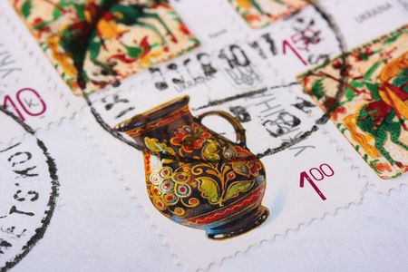Mail of Ukraine. Stamps on an envelope with marks about sending.の写真素材