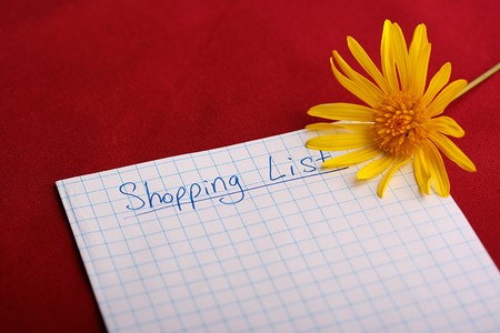 Preparation for a trip on shops, on table Shoping list and a yellow flower.の写真素材