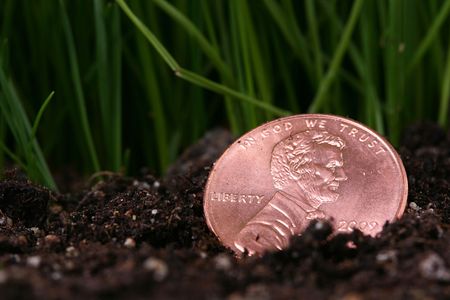 The lost coin in one cent against a grass.の写真素材