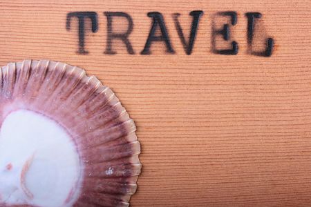 The wooden panel with a hot stamping Travel and a cockleshell.の写真素材