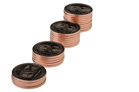 Coins in one dollar are combined by piles on a white background.