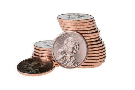 Coins in one dollar are combined by piles on a white background.