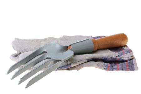 Rake for removal of weeds and a glove for work in a garden.の写真素材