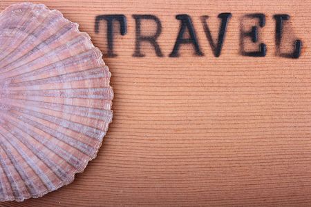 The wooden panel with a hot stamping Travel and a cockleshell.の写真素材