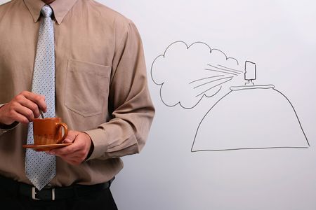Man in a shirt and a tie holding a plate and a cup of coffee while standing next to a drawing of a spray.の写真素材
