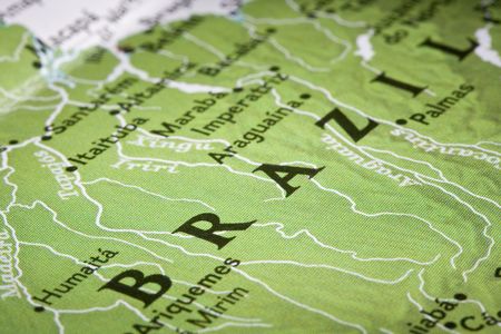 Close-up of brazil on a world map.の写真素材