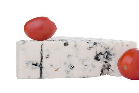 Slice of the Danish blue cheese with a mould on a white background.の写真素材