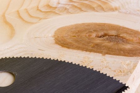 Sharp saw blade on a piece of wood.の写真素材