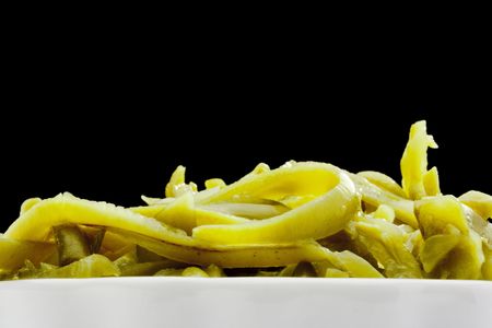 Chopped chillies marinated green beans from the metal cans.の写真素材