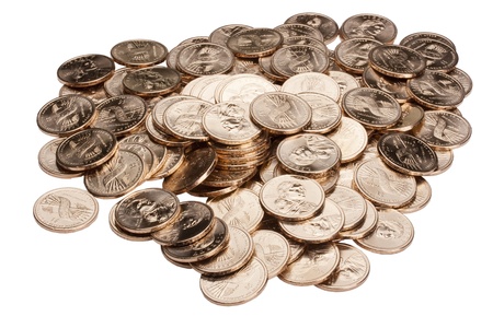 Placer American coins in one dollar. Background - white.