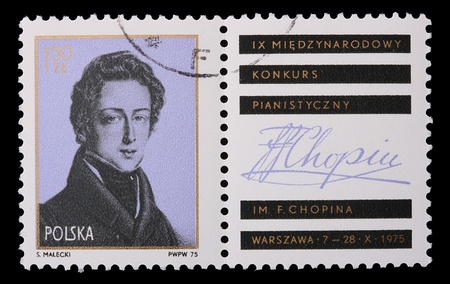 Poland - CIRCA 1975: A stamp is printed in Poland, Frederic Chopin, CIRCA in 1975.のeditorial素材