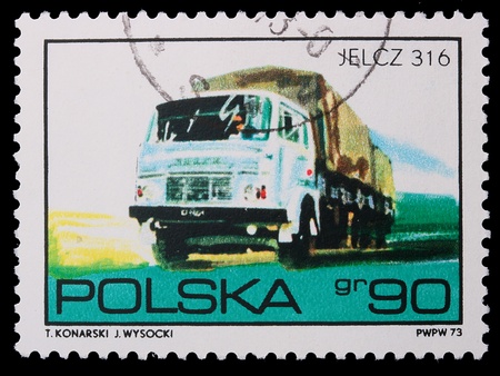 Poland - CIRCA 1973: A stamp is printed in Poland, Truck, CIRCA in 1973.の写真素材
