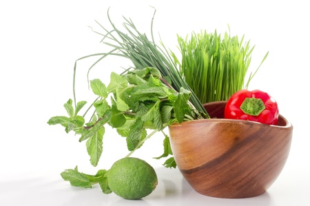 Healthy green food and red bell pepper isolated on a white background.の写真素材