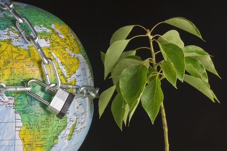 Globe with a metal lock and chain next to a green plant.の写真素材