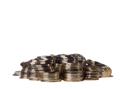 Pile of golden coins isolated on a white background. Add your text to the background.