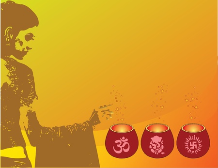 Illustration on Diwali with lamps and symbols of culture and religion of India. Woman holiday candlesのイラスト素材