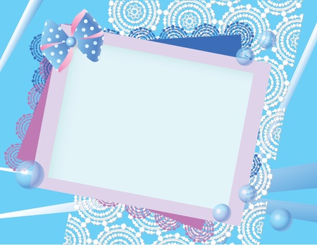 Background in blue and pink with lace bow and spheres. Vector illustration.のイラスト素材