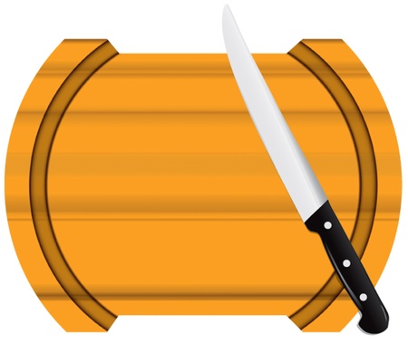 Figured kitchen board of light wood with a knife. Vector illustration.のイラスト素材