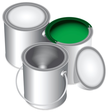 Three versions of standard cans of paint, closed, open and empty with green paint.のイラスト素材
