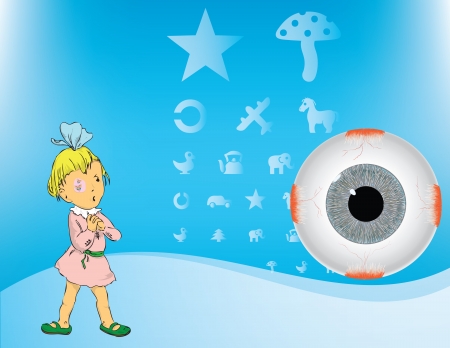 A girl with a bandage on the eye with the disease Amblyopia. Test table for betey and eyes. のイラスト素材