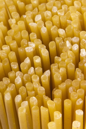 Close-up photograph of golden pasta on a white background.の写真素材