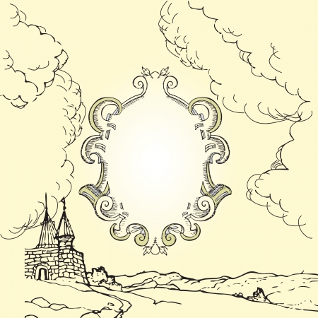 Drawing on a medieval theme with heraldic background for text.のイラスト素材