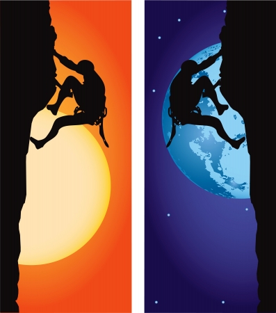 Climbing. Athlete on the ascent, options day and night. Vector illustration.のイラスト素材