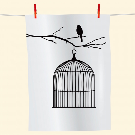 The branch with the bird and an empty cage on the fabric.のイラスト素材