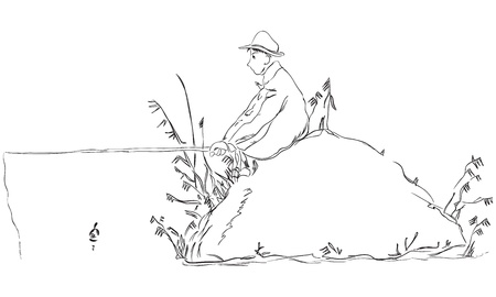 Fisherman with a float rod in stone. Vector illustration.のイラスト素材