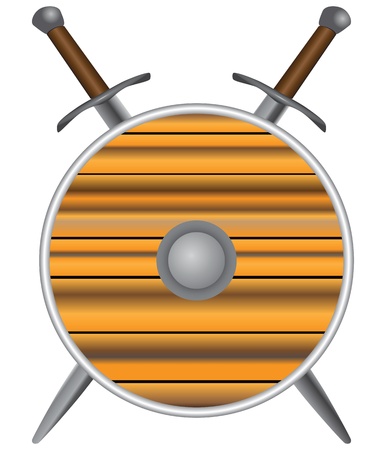 Round shield with swords. Medieval weapons. Vector illustration.のイラスト素材